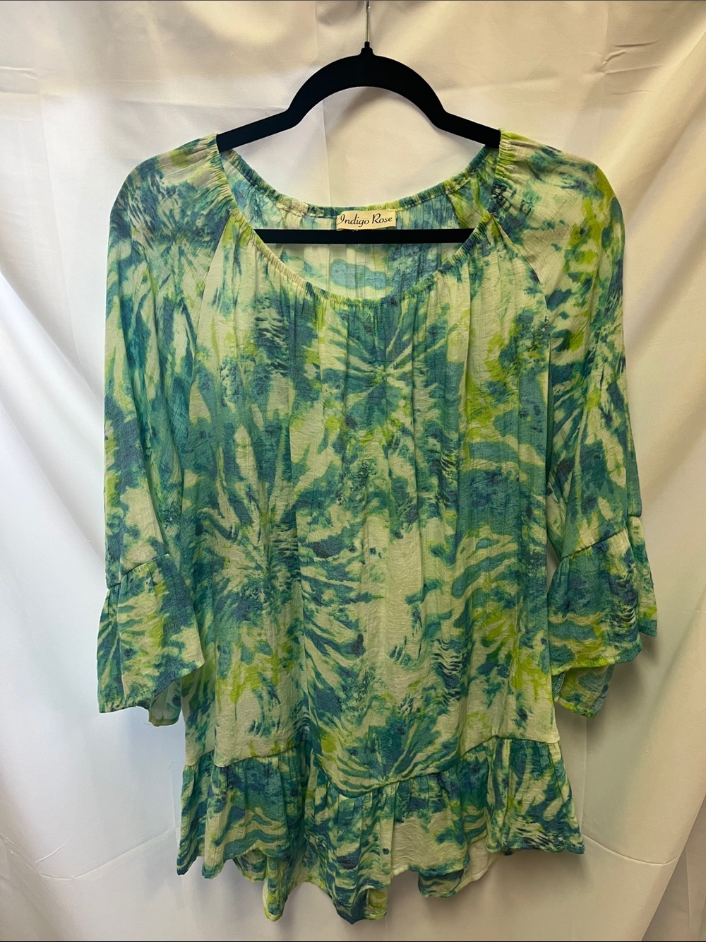Indigo Rose Green & Blue Tie-Dye Ruffle Tunic